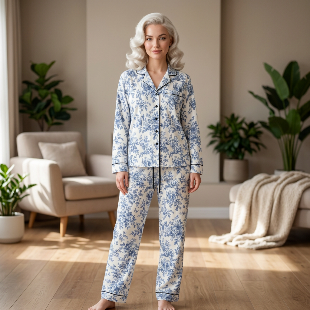 ROSIVA Blue Romance Satin Pajama Set