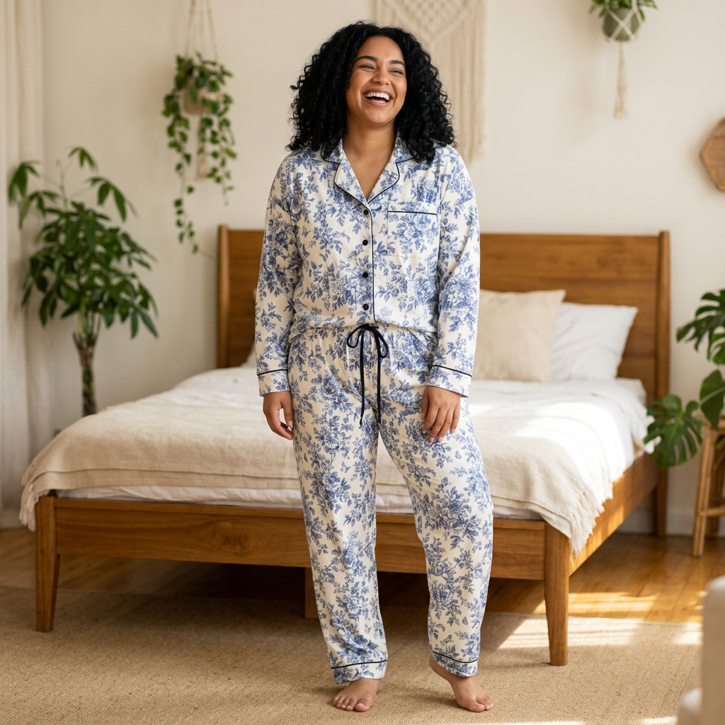 ROSIVA Blue Romance Satin Pajama Set