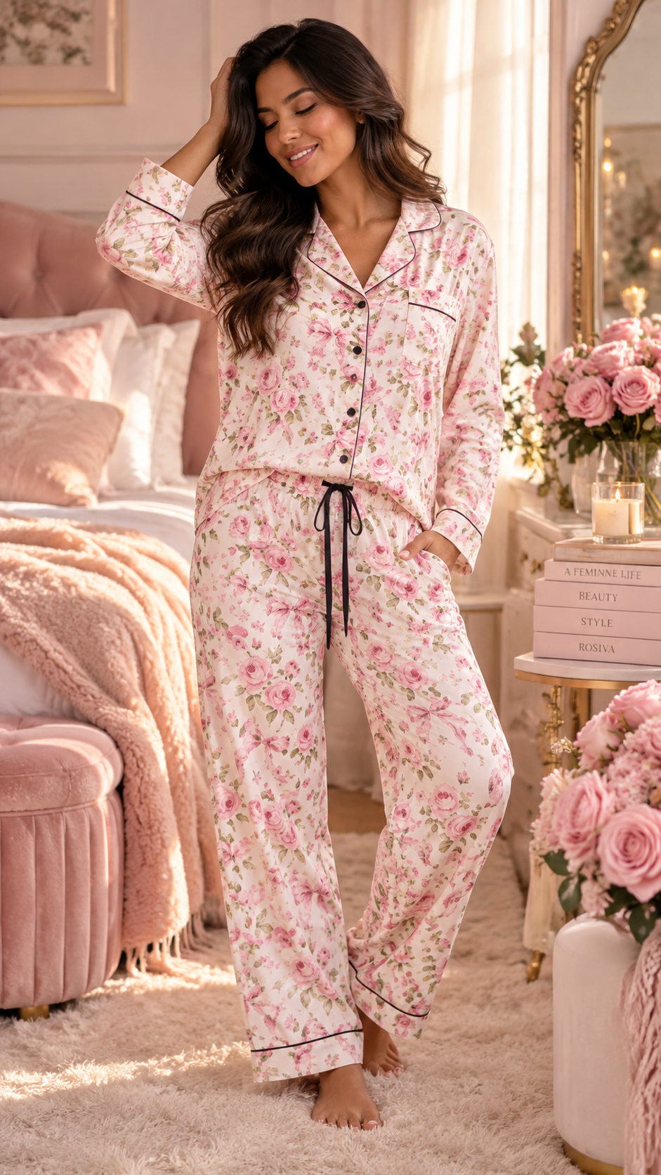 ROSIVA Rosé Reverie Satin Pajama Set