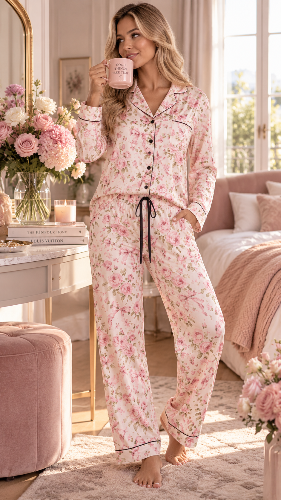 ROSIVA Rosé Reverie Satin Pajama Set