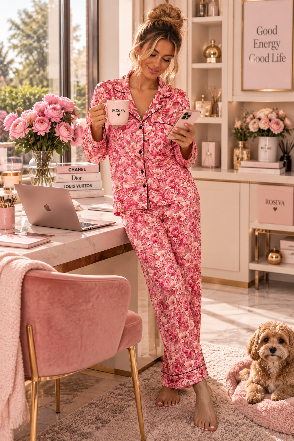 ROSIVA Pink Petal Kiss Satin Pajama Set