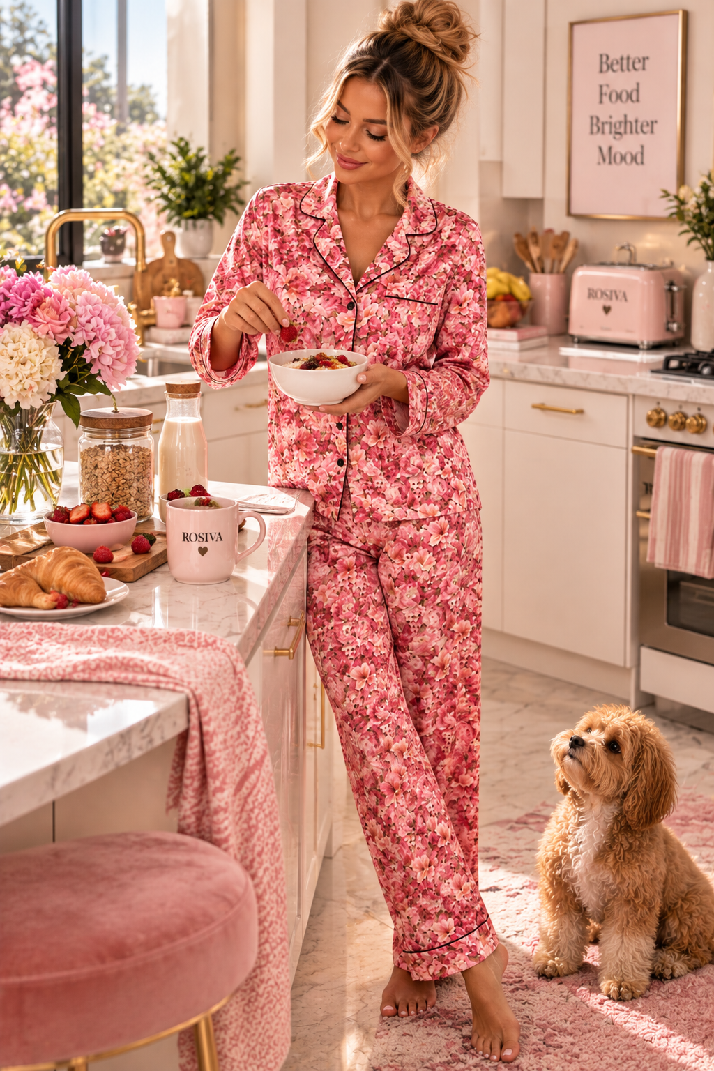 ROSIVA Pink Petal Kiss Satin Pajama Set
