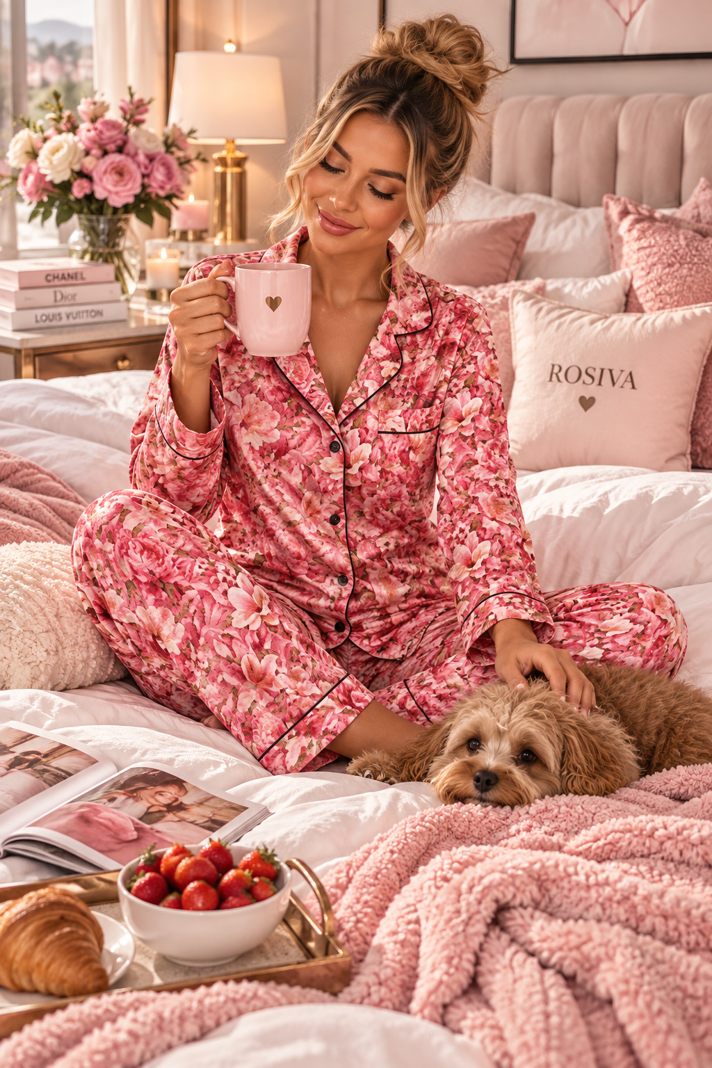 ROSIVA Pink Petal Kiss Satin Pajama Set