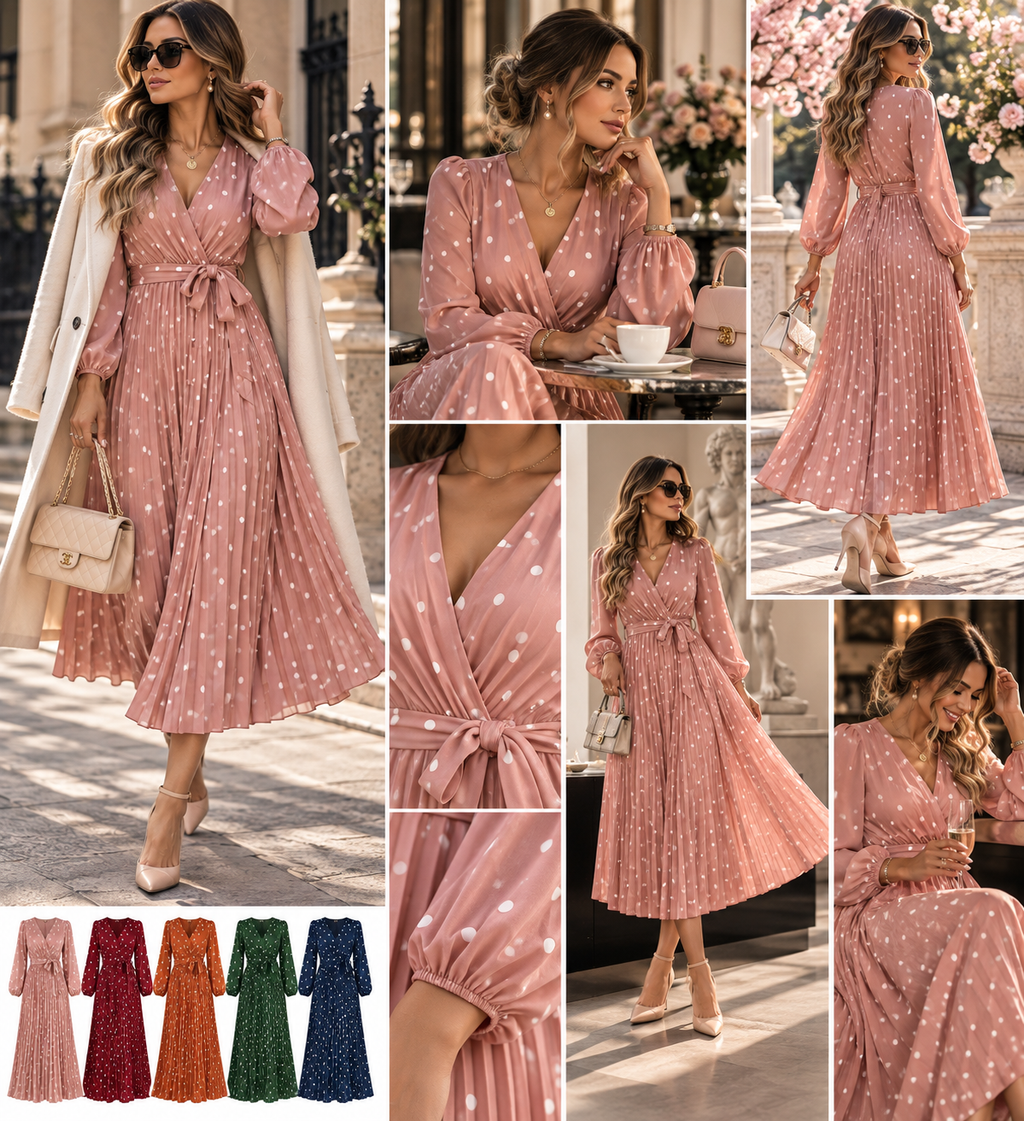 The Amélie Polka Dot Pleated Maxi Dress
