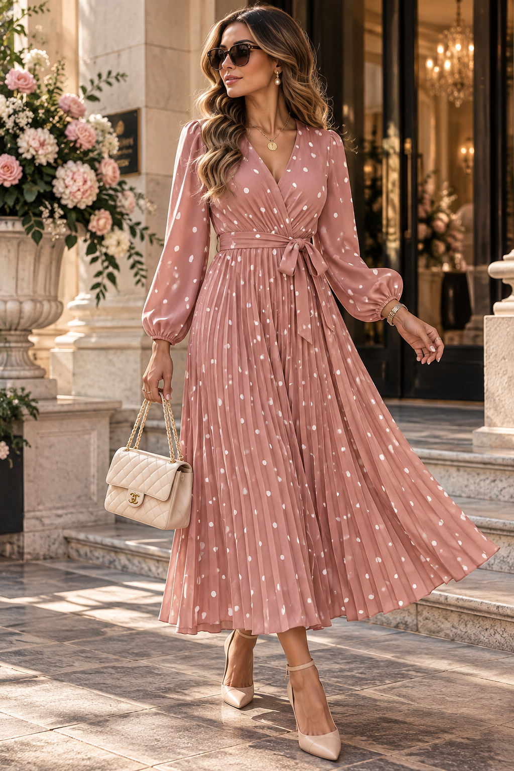 The Amélie Polka Dot Pleated Maxi Dress