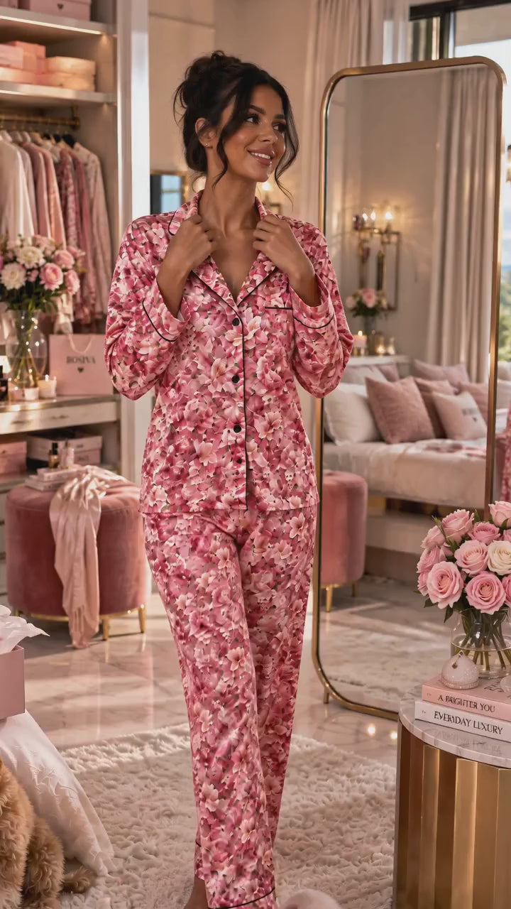 ROSIVA Pink Petal Kiss Satin Pajama Set
