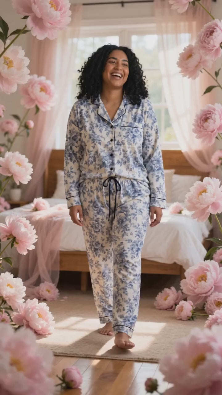 ROSIVA Blue Romance Satin Pajama Set